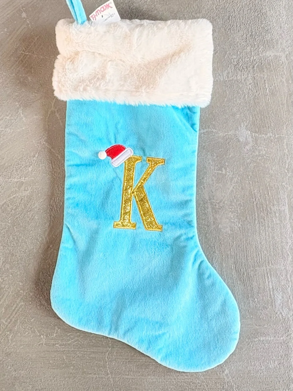 Light Blue Velvet Christmas 18”Stocking Monogram Plush Letter K White  NWT